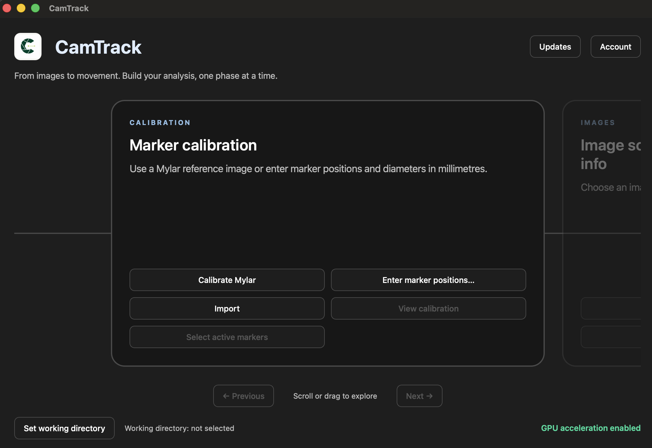 CamTrack main window with its guided analysis workflow.