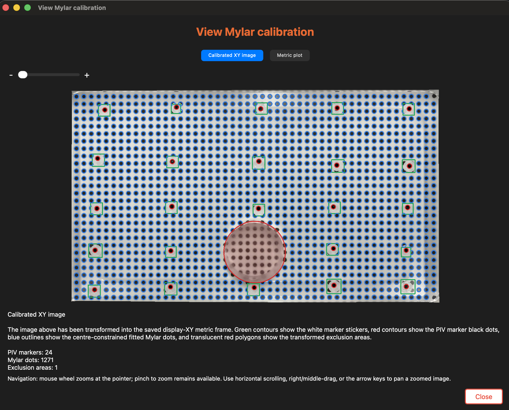 CamTrack Mylar calibration view showing reference markers and fitted dots.