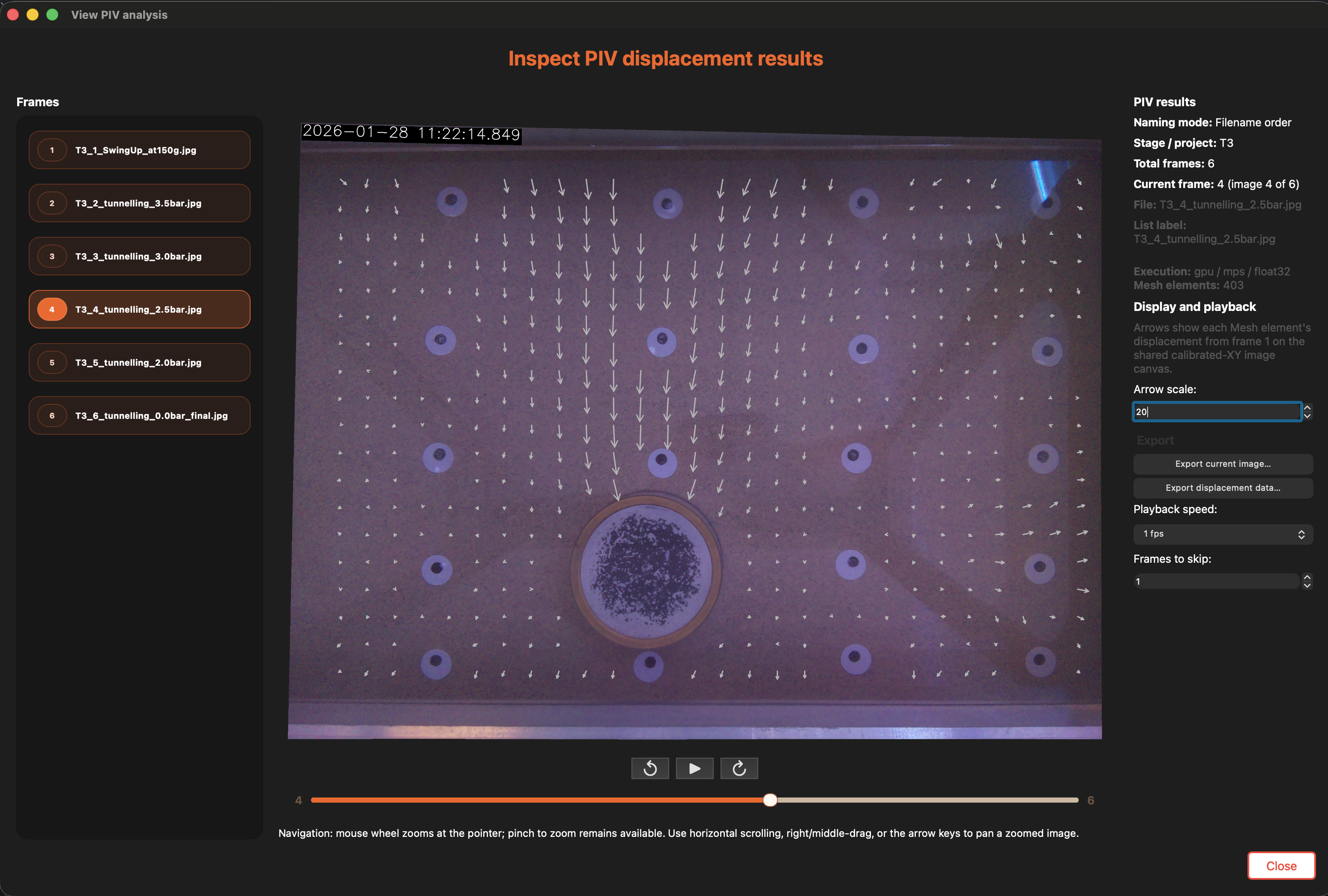 CamTrack PIV results window with displacement arrows over a photographed test specimen.